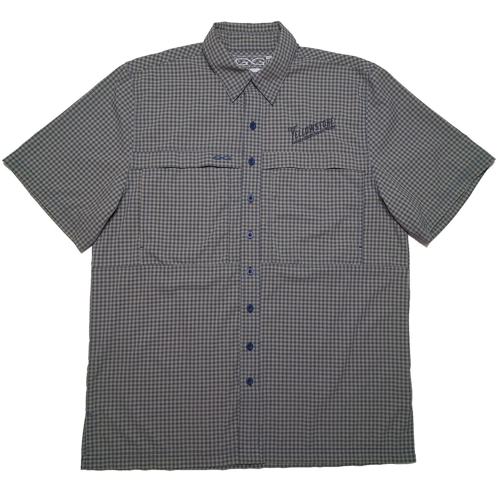 GAME GUARD Yellowstone Bourbon Whiskey Fishing Shirt Mens L Large Green Blue